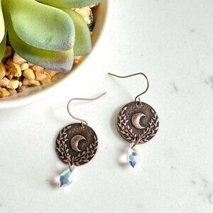 Antiqued Copper Bronze Crescent Moon Leaves Earrings Iridescent Crystal Bead NEW